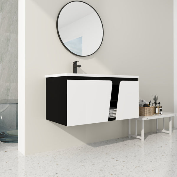 English Elm 40'' 40" Floating Wall-Mounted Bathroom Vanity with Ceramic Sink, Soft-Close Doors, Plywood Reinforced Durability PMID W999S00131