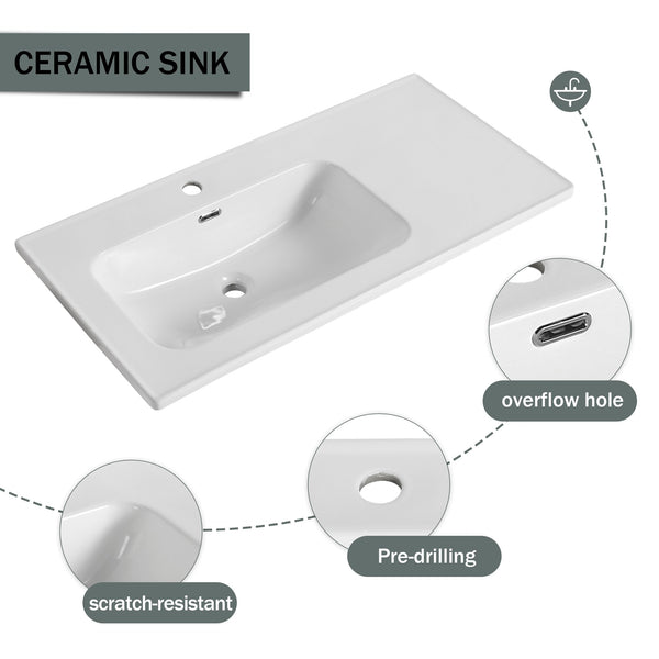 English Elm 40'' 40" Floating Wall-Mounted Bathroom Vanity with Ceramic Sink, Soft-Close Doors, Plywood Reinforced Durability PMID W999S00131