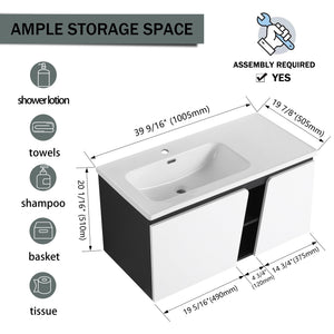 English Elm 40'' 40" Floating Wall-Mounted Bathroom Vanity with Ceramic Sink, Soft-Close Doors, Plywood Reinforced Durability PMID W999S00131