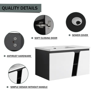 English Elm 36'' Floating Wall-Mounted Vanity with Ceramic Basin, Soft-Close Double Doors, Water-Resistant Ply Finish W999S00130