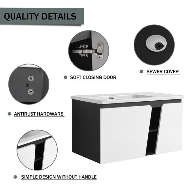 English Elm 36'' Floating Wall-Mounted Vanity with Ceramic Basin, Soft-Close Double Doors, Water-Resistant Ply Finish W999S00130