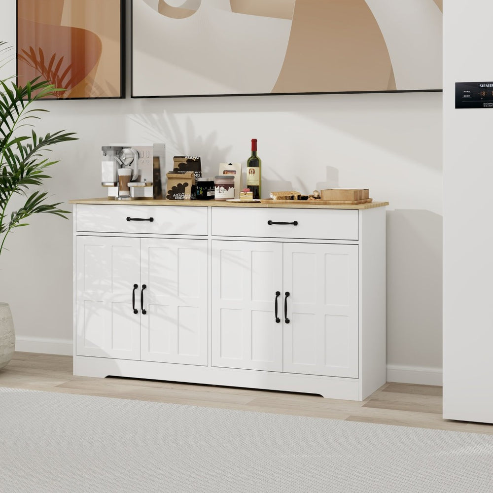 English Elm Farmhouse Buffet Sideboard with 3 Drawers and Doors White Dining Storage Cabinet W282138080