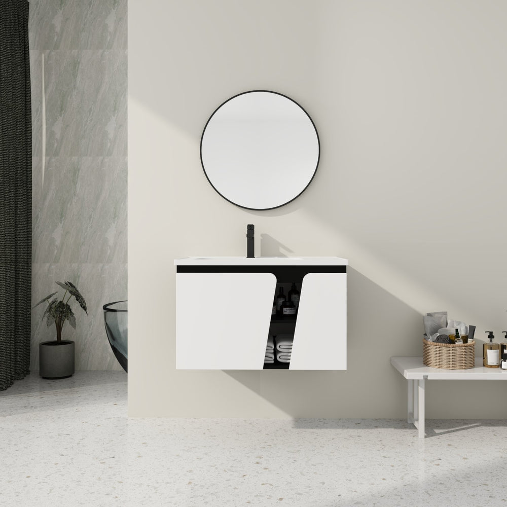 English Elm 32' 32" Floating Wall-Mounted Vanity with Ceramic Sink, Soft-Close Double Doors, Water-Resistant Ply W999S00129