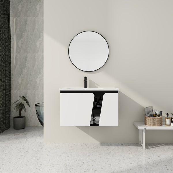 English Elm 32' 32" Floating Wall-Mounted Vanity with Ceramic Sink, Soft-Close Double Doors, Water-Resistant Ply W999S00129
