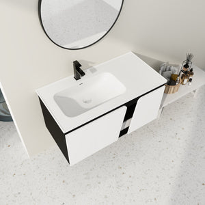 English Elm 40'' 40" Floating Wall-Mounted Bathroom Vanity with Ceramic Sink, Soft-Close Doors, Plywood Reinforced Durability PMID W999S00131