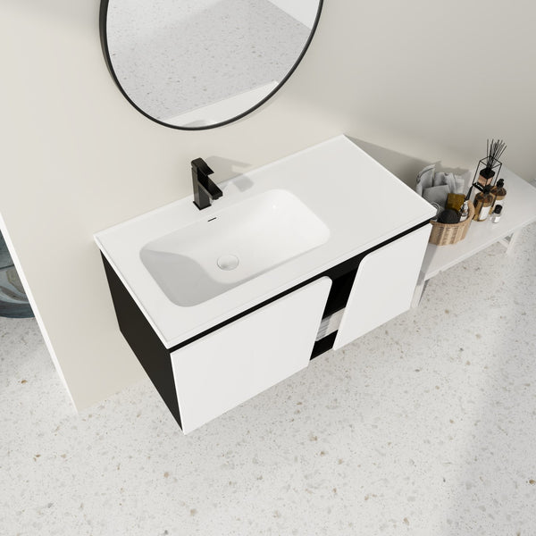 English Elm 40'' 40" Floating Wall-Mounted Bathroom Vanity with Ceramic Sink, Soft-Close Doors, Plywood Reinforced Durability PMID W999S00131