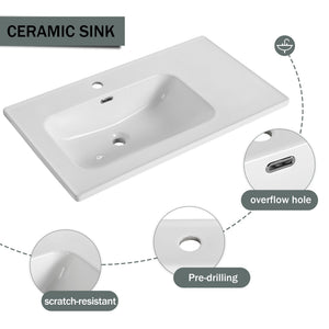 English Elm 36'' Floating Wall-Mounted Vanity with Ceramic Basin, Soft-Close Double Doors, Water-Resistant Ply Finish W999S00130