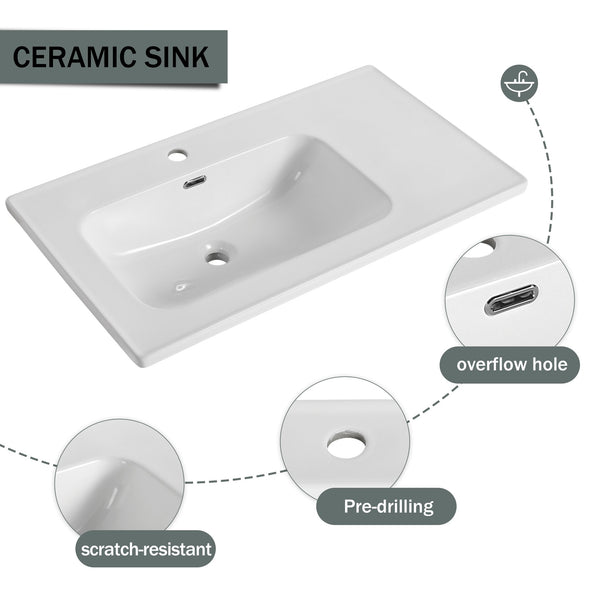 English Elm 36'' Floating Wall-Mounted Vanity with Ceramic Basin, Soft-Close Double Doors, Water-Resistant Ply Finish W999S00130