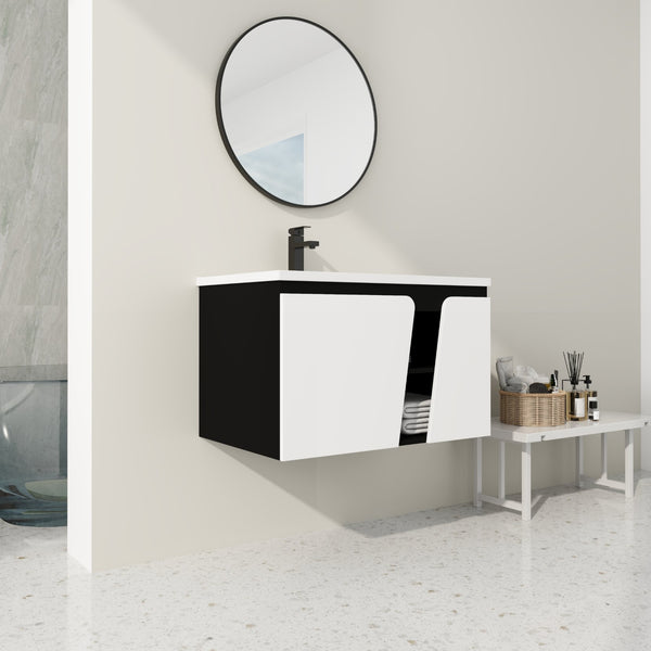 English Elm 32' 32" Floating Wall-Mounted Vanity with Ceramic Sink, Soft-Close Double Doors, Water-Resistant Ply W999S00129