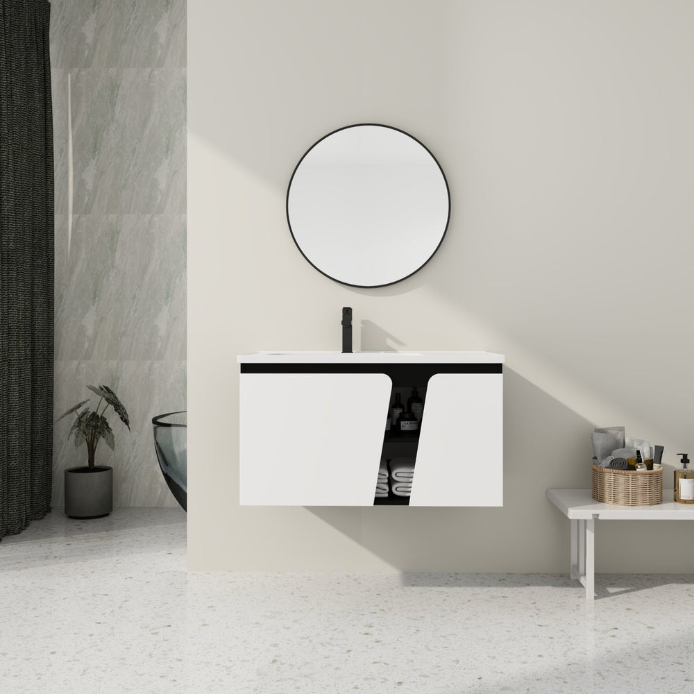 English Elm 36'' Floating Wall-Mounted Vanity with Ceramic Basin, Soft-Close Double Doors, Water-Resistant Ply Finish W999S00130