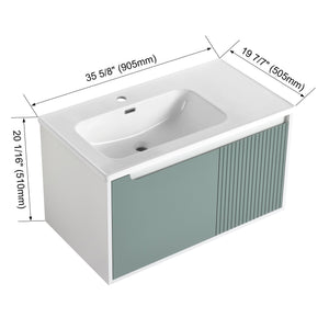 English Elm 36" Wall-Mounted Vanity with Ceramic Sink, Dual-Texture Wave Door, Soft-Close Hinges, Eco Plywood W999S00127