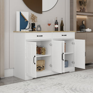 English Elm Farmhouse Buffet Sideboard with 3 Drawers and Doors White Dining Storage Cabinet W282138088