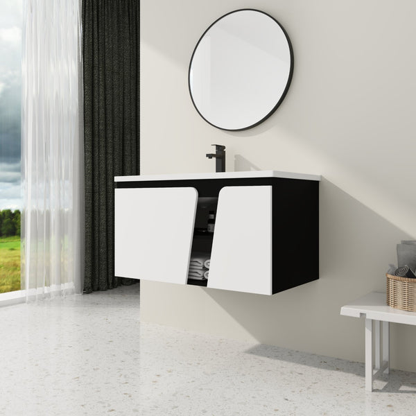 English Elm 36'' Floating Wall-Mounted Vanity with Ceramic Basin, Soft-Close Double Doors, Water-Resistant Ply Finish W999S00130