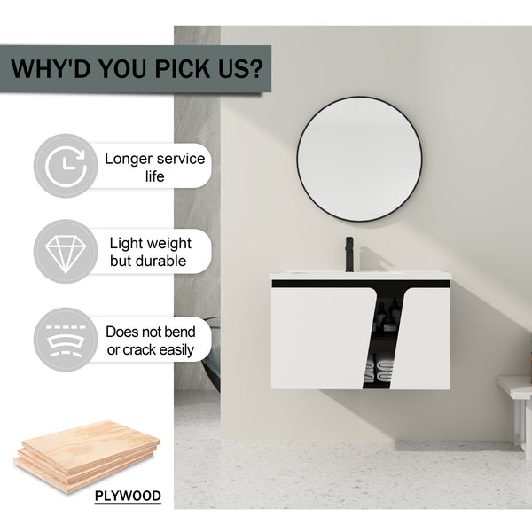 English Elm 32' 32" Floating Wall-Mounted Vanity with Ceramic Sink, Soft-Close Double Doors, Water-Resistant Ply W999S00129