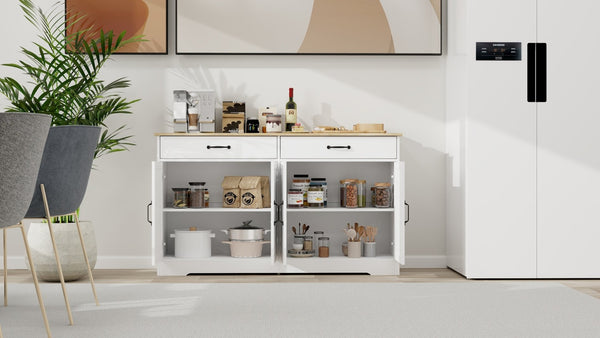 English Elm Farmhouse Buffet Sideboard with 3 Drawers and Doors White Dining Storage Cabinet W282138080