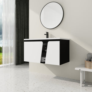 English Elm 36'' Floating Wall-Mounted Vanity with Ceramic Basin, Soft-Close Double Doors, Water-Resistant Ply Finish W999S00130