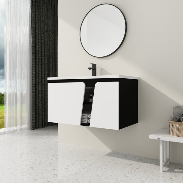 English Elm 36'' Floating Wall-Mounted Vanity with Ceramic Basin, Soft-Close Double Doors, Water-Resistant Ply Finish W999S00130