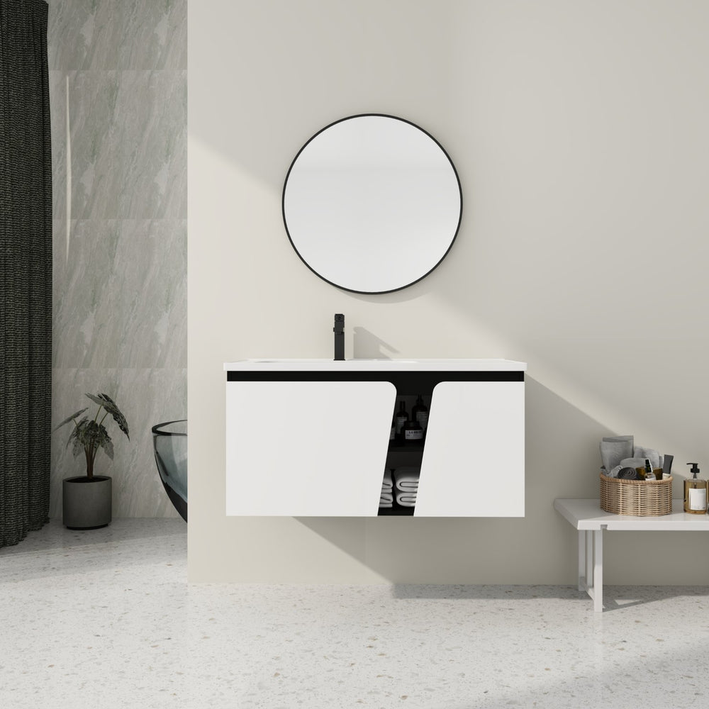 English Elm 40'' 40" Floating Wall-Mounted Bathroom Vanity with Ceramic Sink, Soft-Close Doors, Plywood Reinforced Durability PMID W999S00131