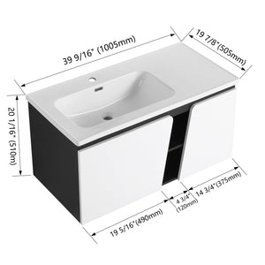 English Elm 40'' 40" Floating Wall-Mounted Bathroom Vanity with Ceramic Sink, Soft-Close Doors, Plywood Reinforced Durability PMID W999S00131