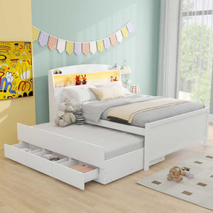 English Elm Full Full Size Platform Bed with LED Headboard, Storage Drawers & Twin Trundle, Solid Wood White GX000723AAK