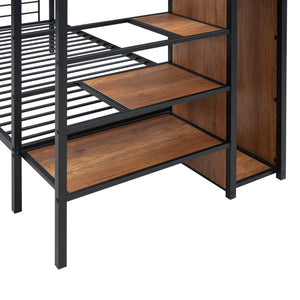 English Elm Twin Metal Bunk Bed with Built-In Desk, Lateral Storage Ladder and Under-Ladder Wardrobe Space-saving design for kids and teens Black MF315578AAB