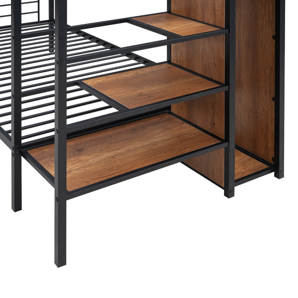 English Elm Twin Metal Bunk Bed with Built-In Desk, Lateral Storage Ladder and Under-Ladder Wardrobe Space-saving design for kids and teens Black MF315578AAB