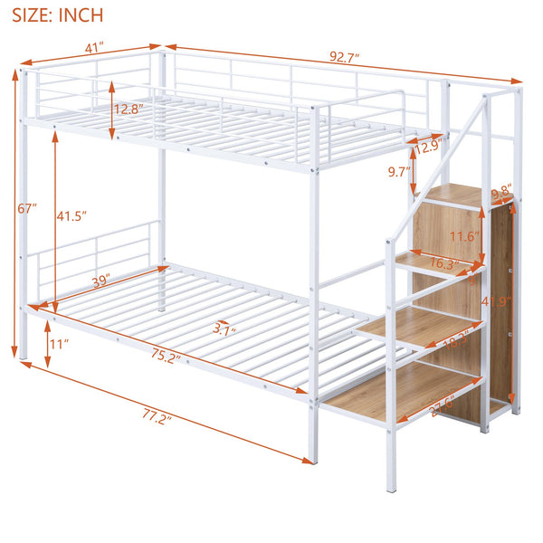 English Elm Twin Metal Bunk Bed with Built-In Desk, Lateral Storage Ladder and Under-Ladder Wardrobe Space-saving design for kids and teens White MF315578AAK