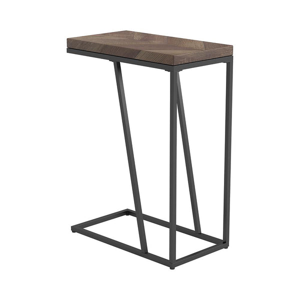 English Elm Rustic Tobacco Herringbone Accent Table with Sandy Black Metal Legs, Modern Angled Silhouette - 25"H B062P153914