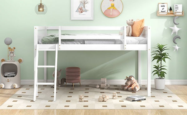 English Elm Twin Low Loft Bed with Ladder and Guardrails for Kids – Pine-MDF Durable Design, Safe Play Space White WF313084AAK