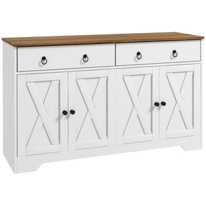 English Elm HOMCOM Farmhouse Sideboard Buffet Cabinet with 2 Drawers, 4 Barn Doors, Adjustable Shelves, White Wood Grain Top W2225P156095