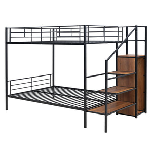English Elm Full Metal Bunk Bed with Desk, Lateral 3-Tier Ladder Shelves and Under-Ladder Wardrobe for Space-Saving Teens Black SF000083AAB