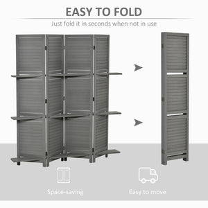 English Elm Homcom 4-Panel Folding Room Divider With Shelves - Stylish Gray Privacy Screen For Bedroom & Office W2225P156079