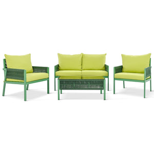 English Elm K&k Outdoor 4 Piece Rope Woven Patio Set with Tempered Glass Table Deep Cushions Green SK000003AAE