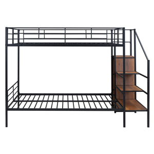 English Elm Full Metal Bunk Bed with Desk, Lateral 3-Tier Ladder Shelves and Under-Ladder Wardrobe for Space-Saving Teens Black SF000083AAB