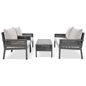 English Elm K&k Outdoor 4 Piece Rope Woven Patio Set with Tempered Glass Table Deep Cushions Grey SK000003AAG