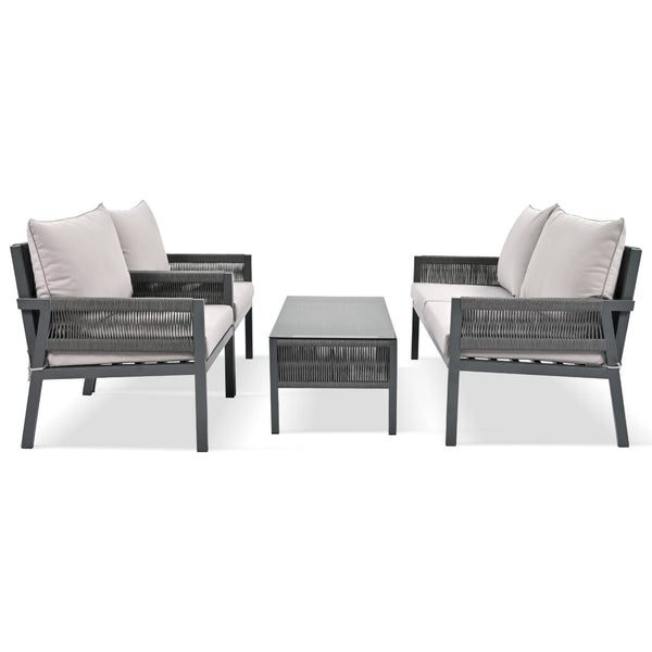 English Elm K&k Outdoor 4 Piece Rope Woven Patio Set with Tempered Glass Table Deep Cushions Grey SK000003AAG