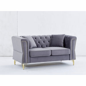 English Elm 60.2" Chesterfield Sofa Elegant Beige Velvet 2-Seater Tufted Couch with Metal Legs, Nailhead Trim for Living Room Grey W834S00175