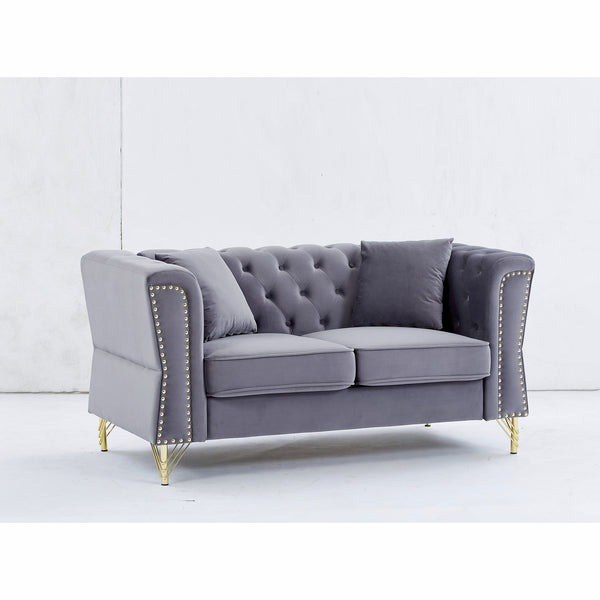 English Elm 60.2" Chesterfield Sofa Elegant Beige Velvet 2-Seater Tufted Couch with Metal Legs, Nailhead Trim for Living Room Grey W834S00175