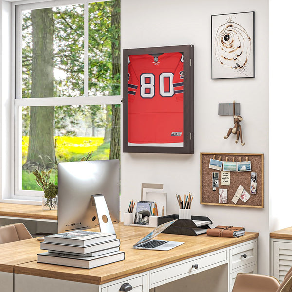 English Elm HOMCOM Jersey Display Case 23.5"x31.5" Wall-Mounted Acrylic Shadow Box with Lockable Hinge & UV Guard Brown W2225P156072