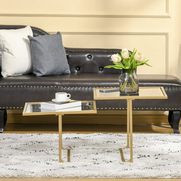 English Elm HOMCOM Gold Tempered Glass Coffee Table with Two Staggered Square Tops, Modern Stable Accent Table W2225P156093