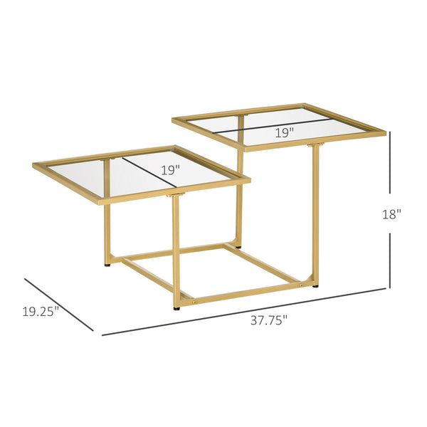 English Elm HOMCOM Gold Tempered Glass Coffee Table with Two Staggered Square Tops, Modern Stable Accent Table W2225P156093