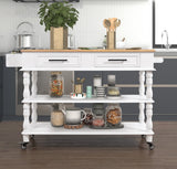 English Elm 56 Inch Rolling Kitchen Island With Storage,Kitchen Cart With Solid Oak Wood Top,Two-Sided Kitchen Island Cart On Wheels ,Wine and Spice Rack, Large Kitchen Cart With 2 Drawers, Milk White+Natural Top