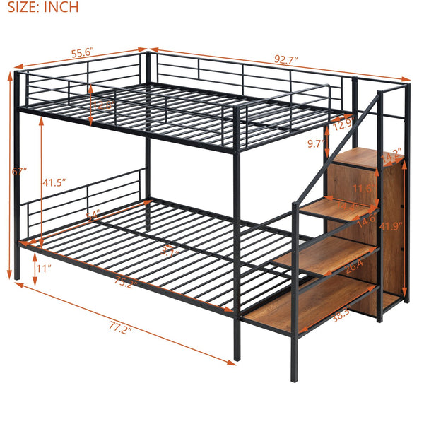 English Elm Full Metal Bunk Bed with Desk, Lateral 3-Tier Ladder Shelves and Under-Ladder Wardrobe for Space-Saving Teens Black SF000083AAB