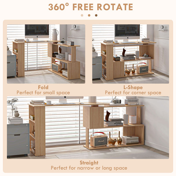 English Elm HOMCOM Modern L-Shaped Corner Desk with 360° Rotating Shelves, Space-Saving Workstation, Maple Finish W2225P156068