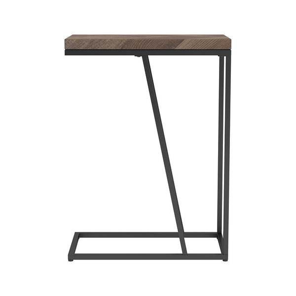 English Elm Rustic Tobacco Herringbone Accent Table with Sandy Black Metal Legs, Modern Angled Silhouette - 25"H B062P153914