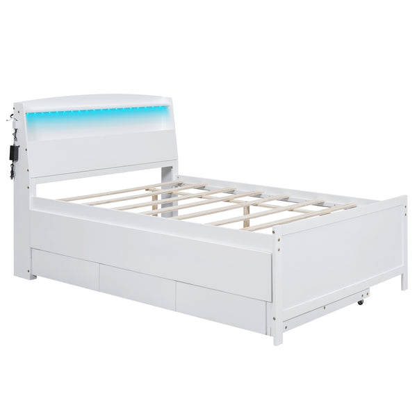 English Elm Full Full Size Platform Bed with LED Headboard, Storage Drawers & Twin Trundle, Solid Wood White GX000723AAK