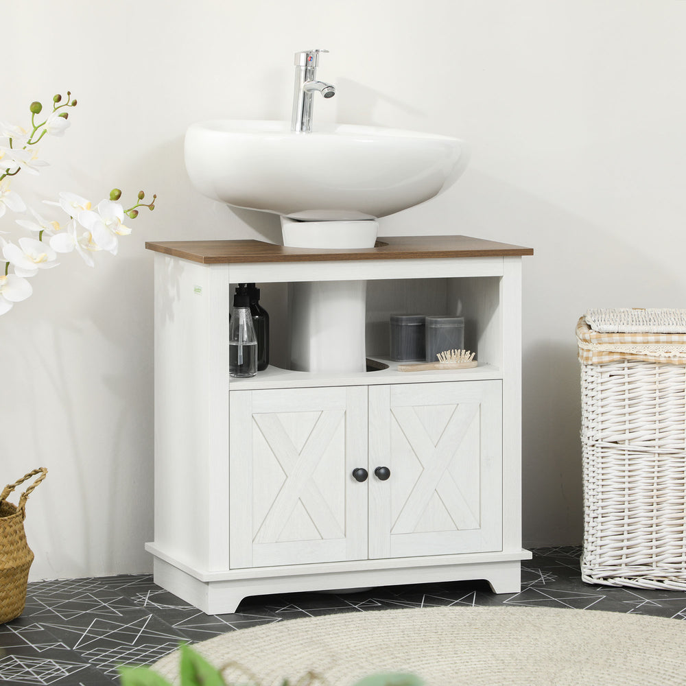 English Elm Kleankin Farmhouse Under Sink Bathroom Cabinet With Double Doors & Open Shelves For Stylish Storage W2225P156089
