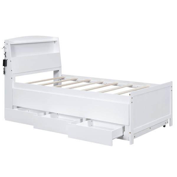 English Elm Twin Platform Bed with LED Headboard, Trundle & 3 Drawers White — Storage, Solid Wood Design GX000722AAK