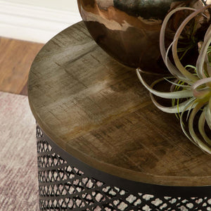 English Elm Natural Mango Drum Accent Table with Black Crisscross Lattice Base, Eco-Friendly Mango Wood Top, 22" high B062P153918