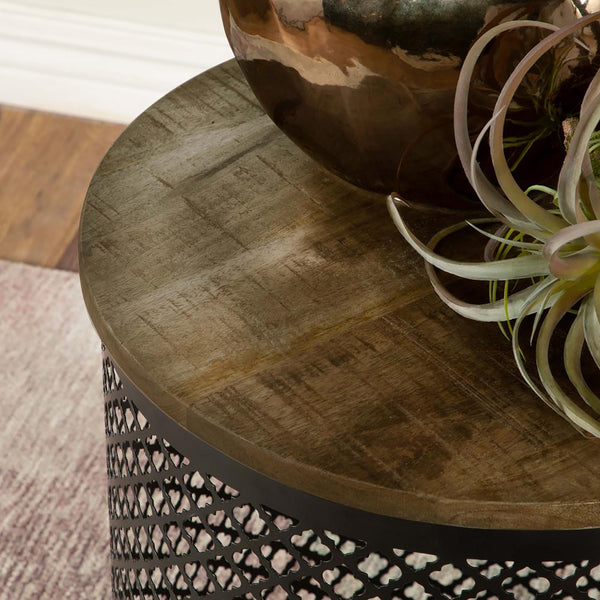 English Elm Natural Mango Drum Accent Table with Black Crisscross Lattice Base, Eco-Friendly Mango Wood Top, 22" high B062P153918